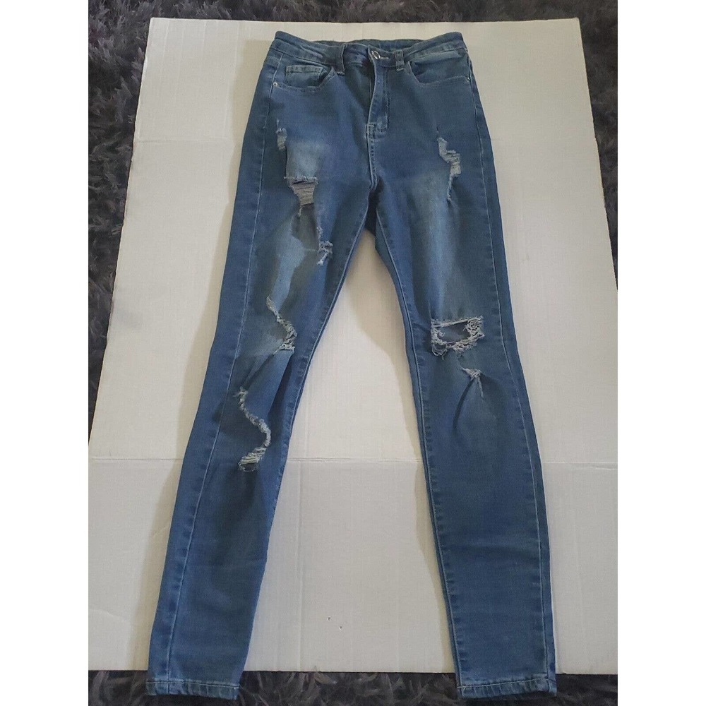 Shein Women Destroyed Distressed Medium Wash Stretch XS Skinny Blue Jeans